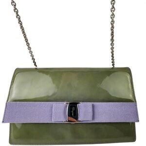 Salvatore Ferragamo Olive Patent Leather Shoulder Bag with Lilac Vara Bow